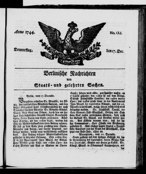 Berlinische Nachrichten von Staats- und gelehrten Sachen vom 17.12.1744