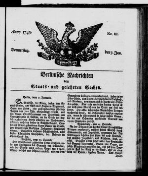 Berlinische Nachrichten von Staats- und gelehrten Sachen vom 07.01.1745