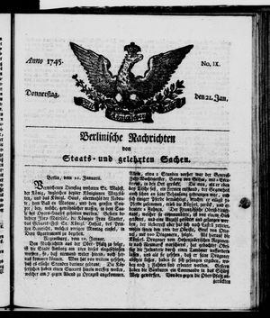 Berlinische Nachrichten von Staats- und gelehrten Sachen vom 21.01.1745