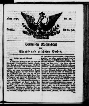 Berlinische Nachrichten von Staats- und gelehrten Sachen vom 16.02.1745
