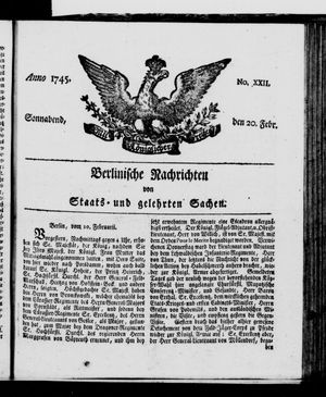 Berlinische Nachrichten von Staats- und gelehrten Sachen vom 20.02.1745