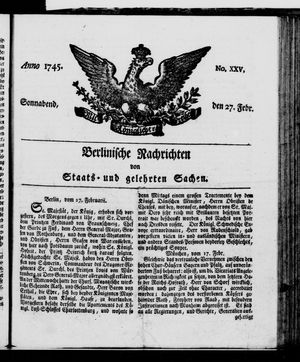 Berlinische Nachrichten von Staats- und gelehrten Sachen vom 27.02.1745