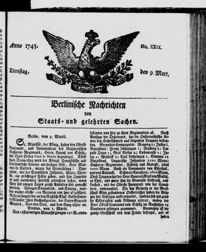 Berlinische Nachrichten von Staats- und gelehrten Sachen vom 09.03.1745