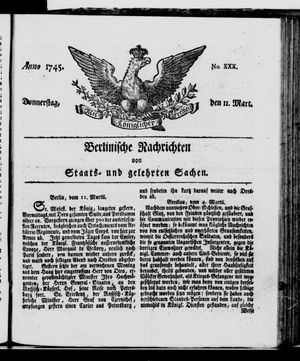 Berlinische Nachrichten von Staats- und gelehrten Sachen vom 11.03.1745