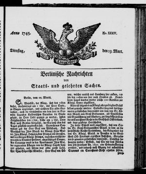 Berlinische Nachrichten von Staats- und gelehrten Sachen vom 23.03.1745