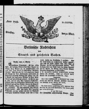 Berlinische Nachrichten von Staats- und gelehrten Sachen vom 30.03.1745