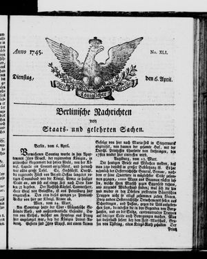 Berlinische Nachrichten von Staats- und gelehrten Sachen vom 06.04.1745
