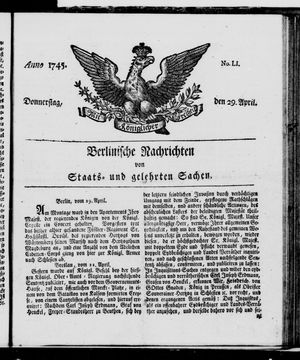 Berlinische Nachrichten von Staats- und gelehrten Sachen vom 29.04.1745