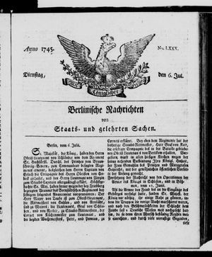 Berlinische Nachrichten von Staats- und gelehrten Sachen vom 06.07.1745