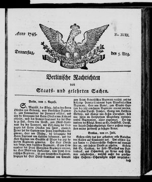 Berlinische Nachrichten von Staats- und gelehrten Sachen on Aug 5, 1745