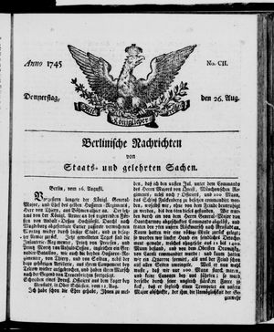Berlinische Nachrichten von Staats- und gelehrten Sachen vom 26.08.1745