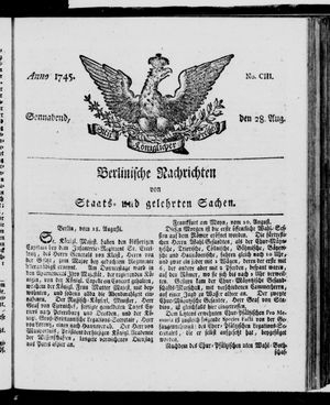 Berlinische Nachrichten von Staats- und gelehrten Sachen vom 28.08.1745