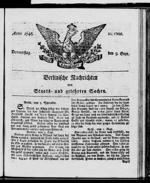 Berlinische Nachrichten von Staats- und gelehrten Sachen vom 09.09.1745
