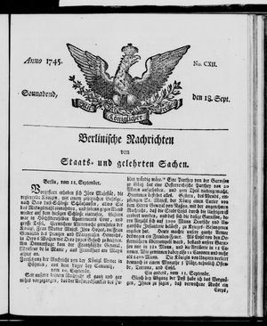 Berlinische Nachrichten von Staats- und gelehrten Sachen vom 18.09.1745