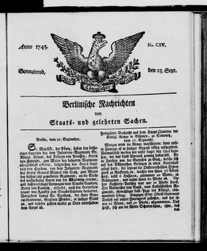 Berlinische Nachrichten von Staats- und gelehrten Sachen vom 25.09.1745