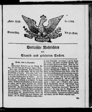 Berlinische Nachrichten von Staats- und gelehrten Sachen vom 30.09.1745