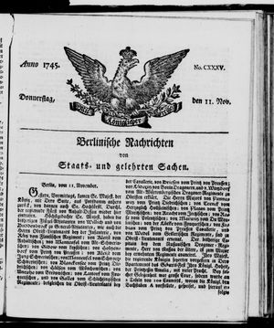 Berlinische Nachrichten von Staats- und gelehrten Sachen vom 11.11.1745