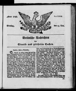 Berlinische Nachrichten von Staats- und gelehrten Sachen vom 23.11.1745