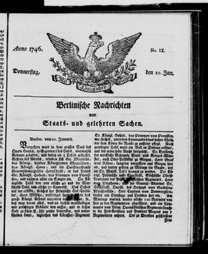 Berlinische Nachrichten von Staats- und gelehrten Sachen vom 20.01.1746