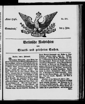 Berlinische Nachrichten von Staats- und gelehrten Sachen vom 05.02.1746