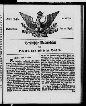 Berlinische Nachrichten von Staats- und gelehrten Sachen vom 21.04.1746