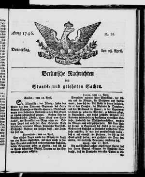 Berlinische Nachrichten von Staats- und gelehrten Sachen vom 28.04.1746