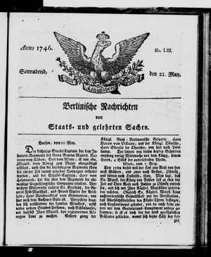 Berlinische Nachrichten von Staats- und gelehrten Sachen vom 21.05.1746