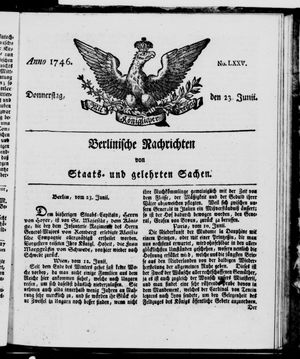 Berlinische Nachrichten von Staats- und gelehrten Sachen vom 23.06.1746
