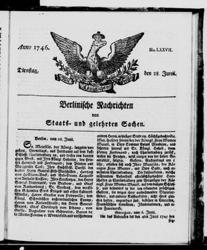 Berlinische Nachrichten von Staats- und gelehrten Sachen vom 28.06.1746