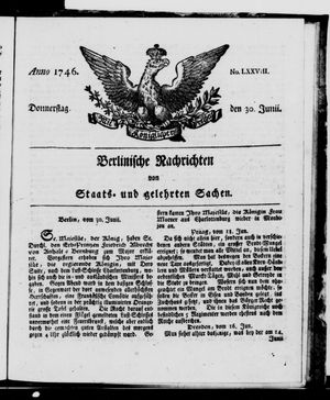 Berlinische Nachrichten von Staats- und gelehrten Sachen vom 30.06.1746