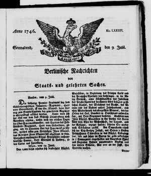 Berlinische Nachrichten von Staats- und gelehrten Sachen vom 09.07.1746