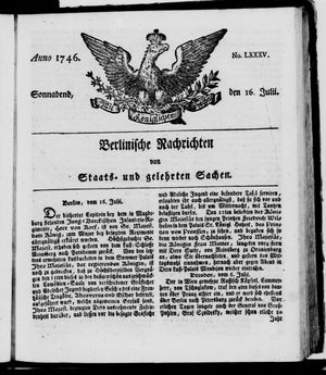 Berlinische Nachrichten von Staats- und gelehrten Sachen vom 16.07.1746