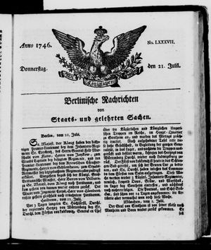 Berlinische Nachrichten von Staats- und gelehrten Sachen vom 21.07.1746