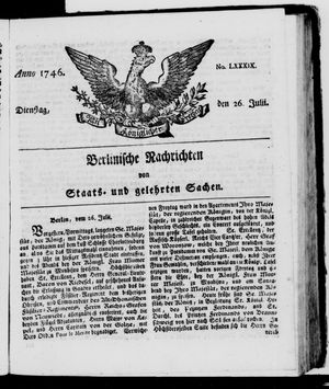 Berlinische Nachrichten von Staats- und gelehrten Sachen vom 26.07.1746
