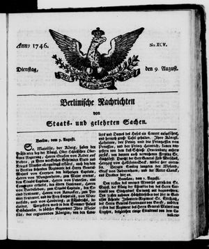Berlinische Nachrichten von Staats- und gelehrten Sachen vom 09.08.1746