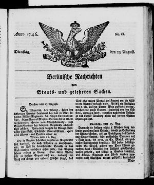 Berlinische Nachrichten von Staats- und gelehrten Sachen vom 23.08.1746