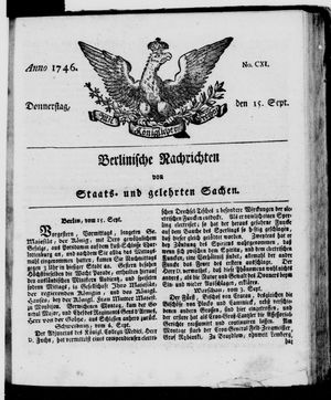 Berlinische Nachrichten von Staats- und gelehrten Sachen vom 15.09.1746
