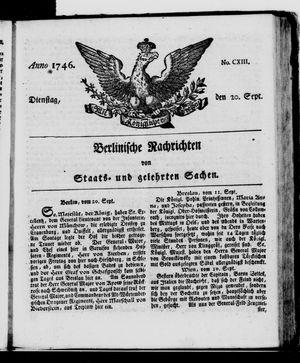Berlinische Nachrichten von Staats- und gelehrten Sachen vom 20.09.1746