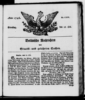 Berlinische Nachrichten von Staats- und gelehrten Sachen vom 18.10.1746
