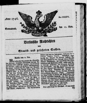 Berlinische Nachrichten von Staats- und gelehrten Sachen vom 12.11.1746