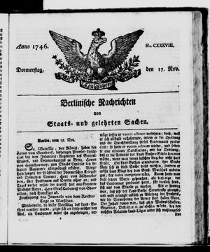 Berlinische Nachrichten von Staats- und gelehrten Sachen vom 17.11.1746