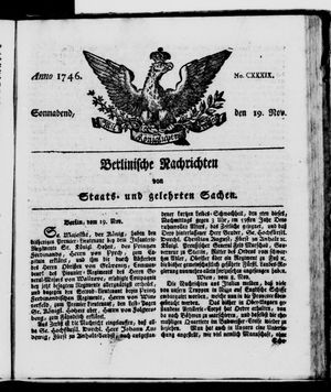 Berlinische Nachrichten von Staats- und gelehrten Sachen vom 19.11.1746