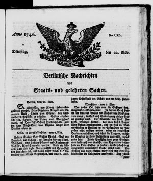 Berlinische Nachrichten von Staats- und gelehrten Sachen on Nov 22, 1746