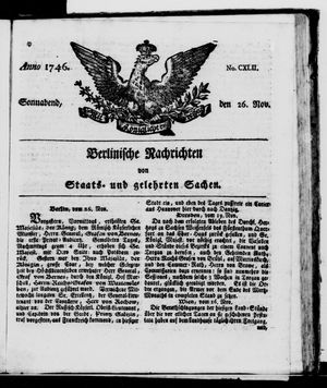 Berlinische Nachrichten von Staats- und gelehrten Sachen vom 26.11.1746