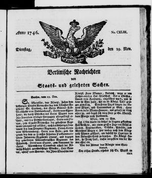 Berlinische Nachrichten von Staats- und gelehrten Sachen vom 29.11.1746