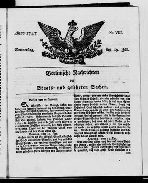 Berlinische Nachrichten von Staats- und gelehrten Sachen vom 19.01.1747