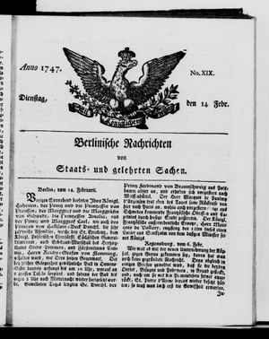 Berlinische Nachrichten von Staats- und gelehrten Sachen vom 14.02.1747