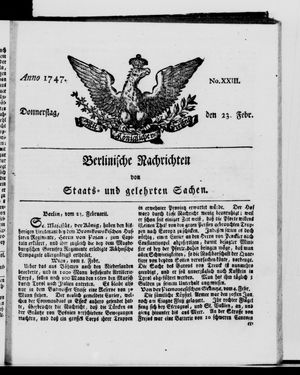 Berlinische Nachrichten von Staats- und gelehrten Sachen vom 23.02.1747