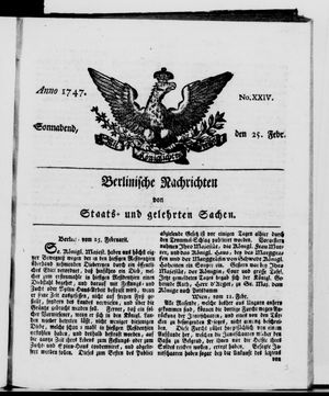Berlinische Nachrichten von Staats- und gelehrten Sachen on Feb 25, 1747