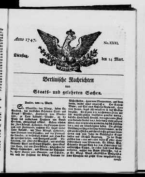 Berlinische Nachrichten von Staats- und gelehrten Sachen vom 14.03.1747